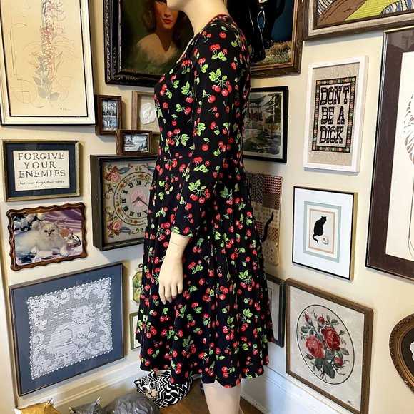 Pin Up Girl Couture Cherry Print Heidi Dress with Long Sleeves and Pockets 2X - Picture 3 of 6